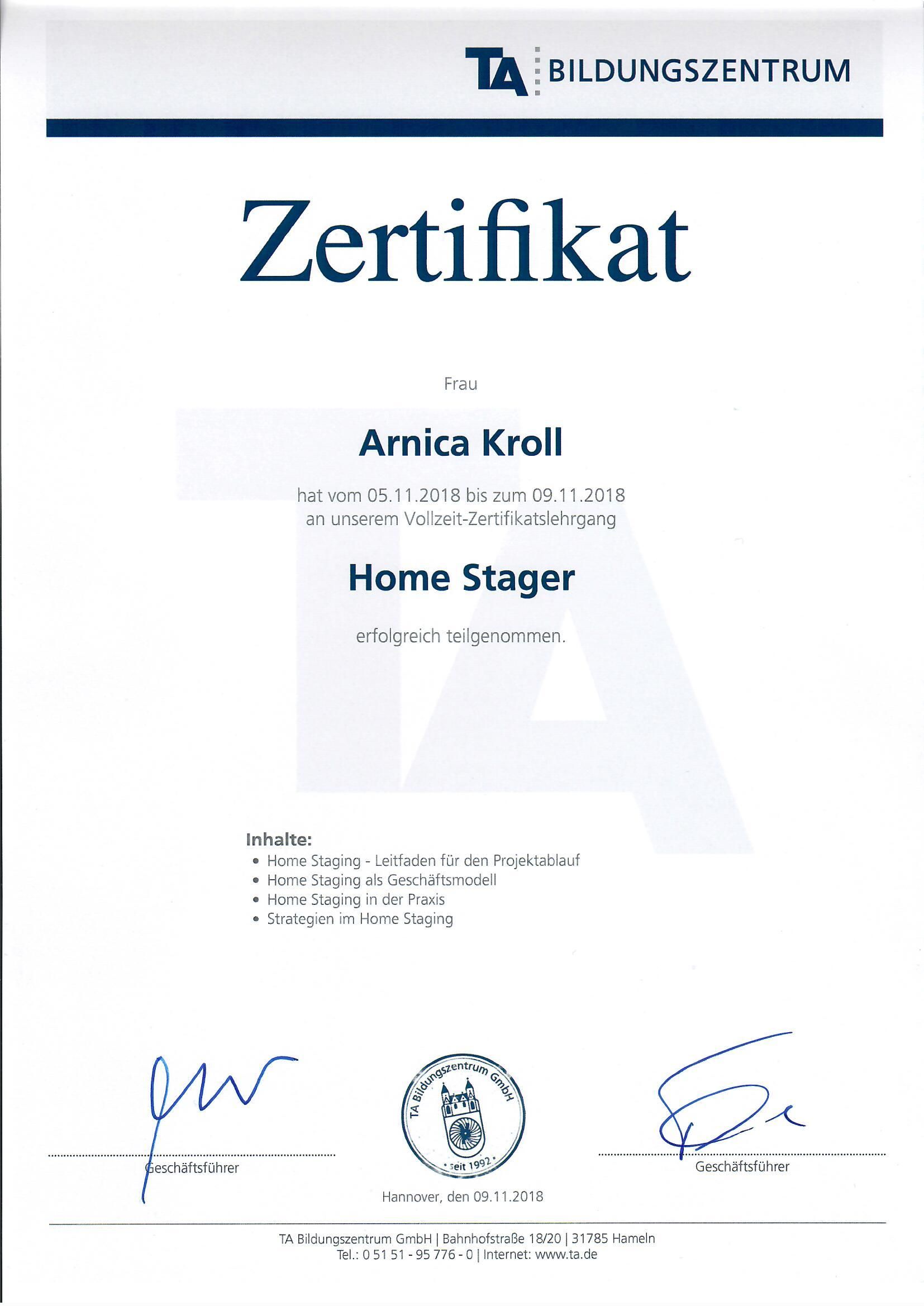 IHK-Zertifikat Home Stager – Arnica Groll